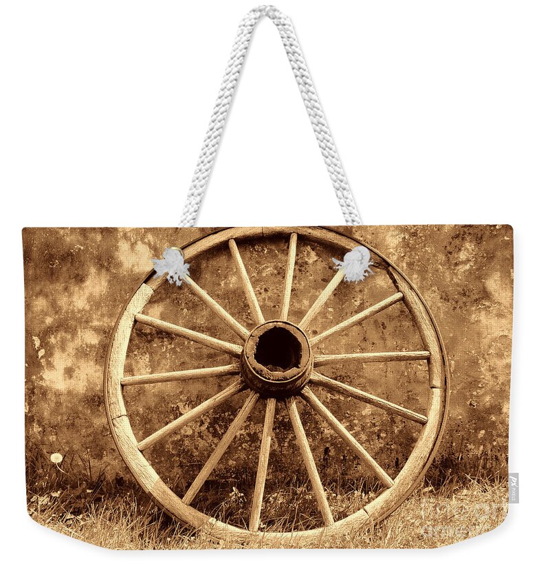 Wagon Weekender Tote Bag featuring the photograph Old Wagon Wheel by American West Legend By Olivier Le Queinec