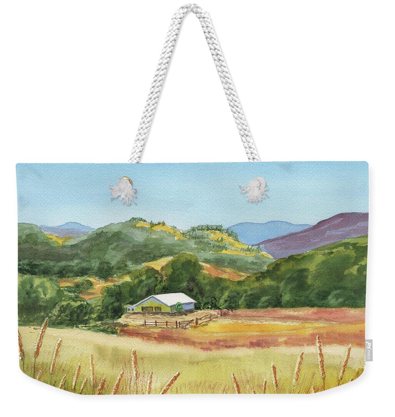 Barn Weekender Tote Bag featuring the painting Old White Barn At Sonoma Mountains Ranch by Irina Sztukowski
