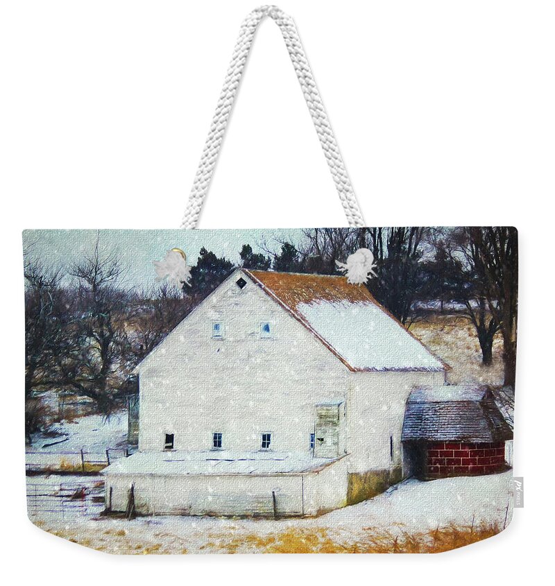 Barn Weekender Tote Bag featuring the photograph Old White Barn in Snow by Anna Louise