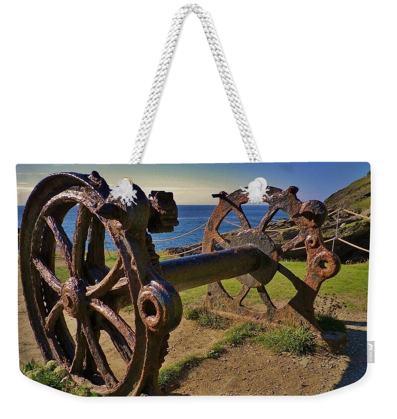 Winch Weekender Tote Bag featuring the photograph Old Winch Tintagel by Richard Brookes