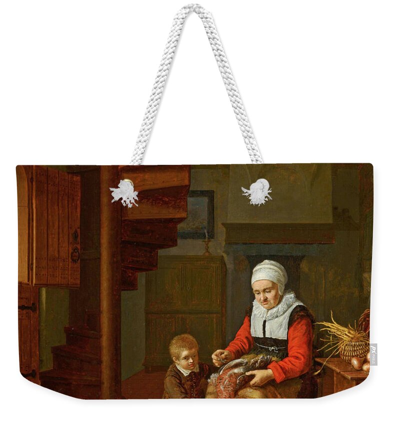 Abraham De Pape Weekender Tote Bag featuring the painting Old Woman Plucking a Cock by Abraham de Pape