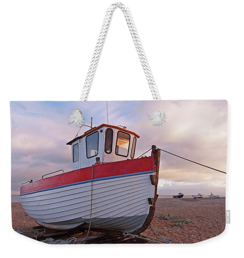 Old Fishing Boat Weekender Tote Bag featuring the photograph Old Wooden Fishing Boat Home By Sunset by Gill Billington