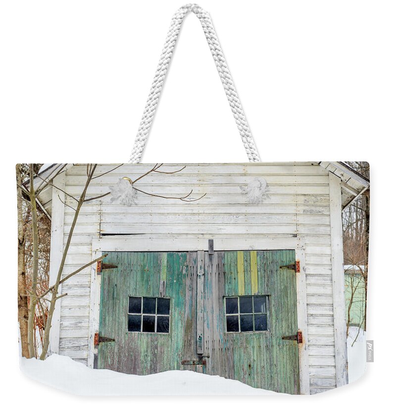 Vermont Weekender Tote Bag featuring the photograph Old Wooden Garage in the Snow Woodstock Vermont by Edward Fielding