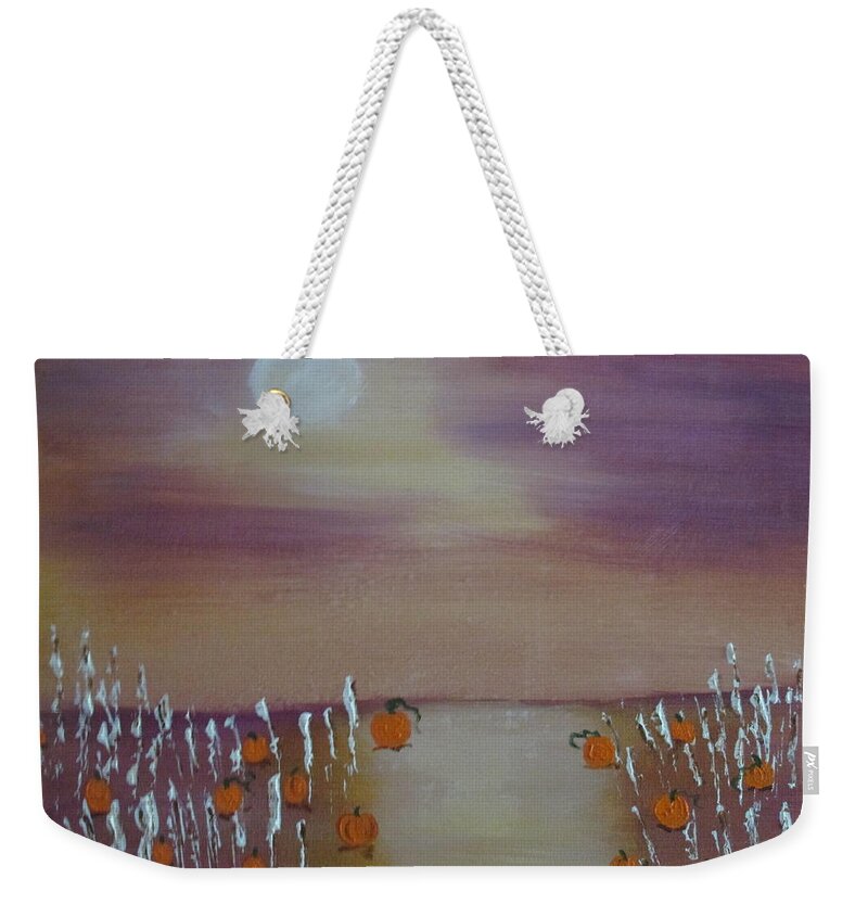 Abstract Moon Moonlight Corn Maze Pumpkins Fall Autumn Purple Gold Orange White Green Brown Weekender Tote Bag featuring the painting Olde Tyme Pumpkin Patch and Maze by Sharyn Winters
