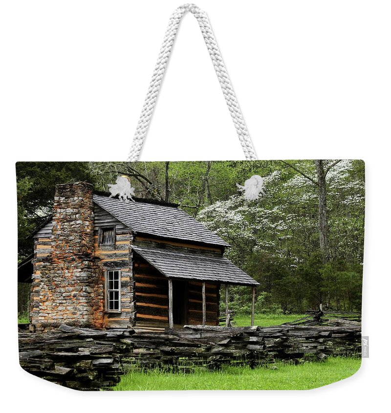John Oliver Cabin At Cades Cove Weekender Tote Bag featuring the photograph Oliver's Cabin Among The Dogwood Of The Great Smoky Mountains National Park II by Carol Montoya