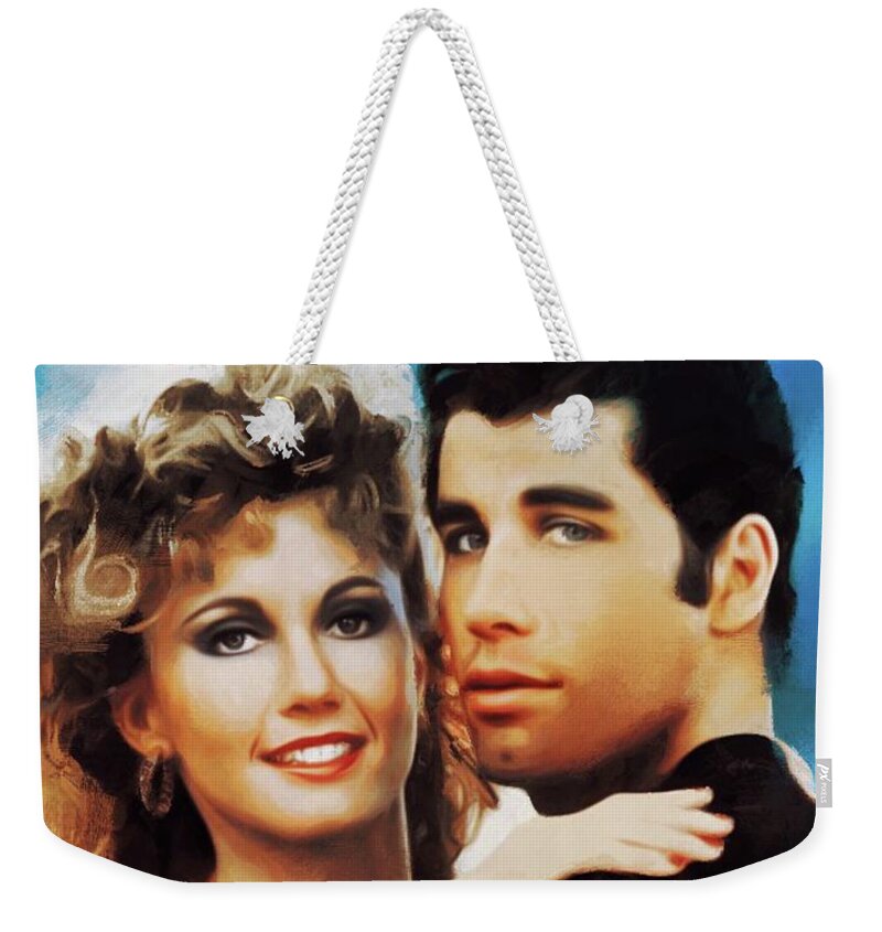 Olivia Weekender Tote Bag featuring the painting Olivia Newton-John and John Travolta, Grease by Esoterica Art Agency