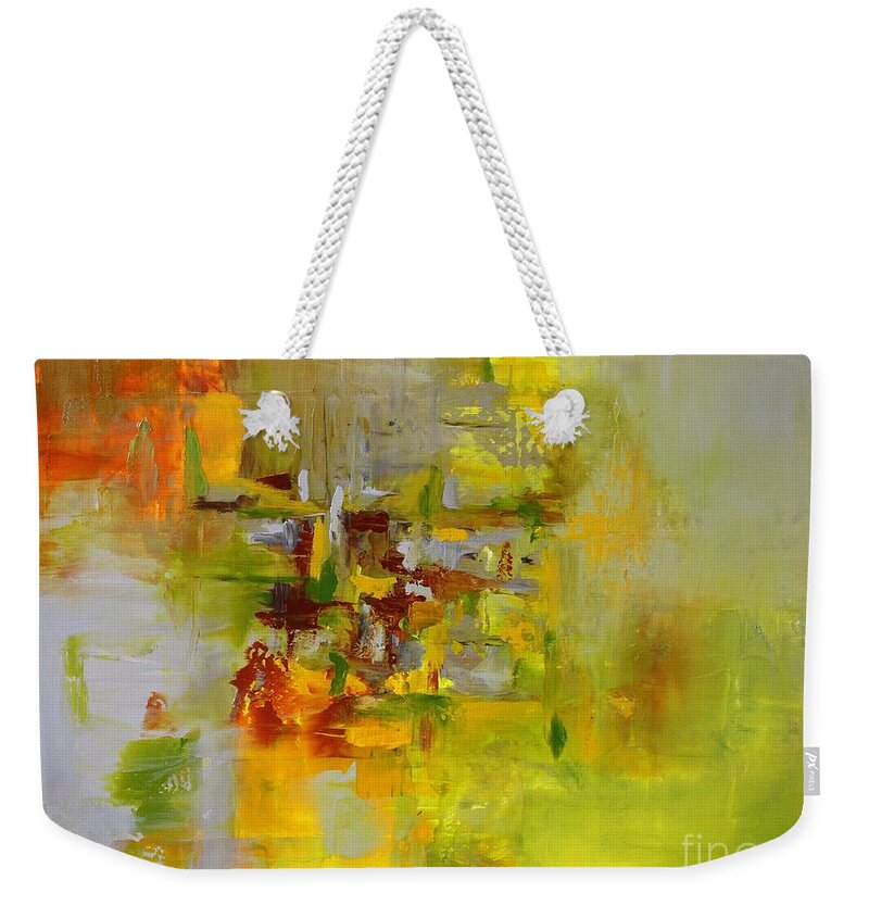 Green Weekender Tote Bag featuring the painting Olivine by Preethi Mathialagan