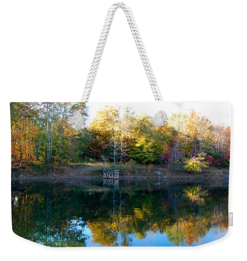 Dawsonville Weekender Tote Bag featuring the photograph On Gober's Pond by Max Mullins