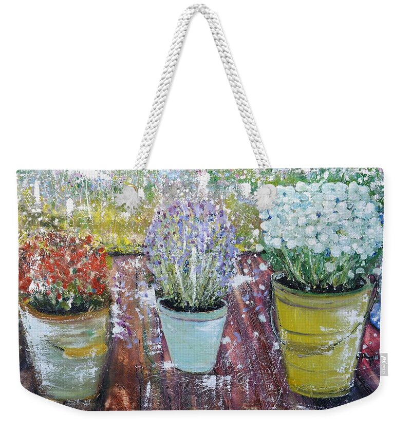 Flowers Weekender Tote Bag featuring the painting On Grandma's Porch by Evelina Popilian