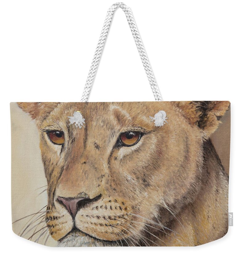 Lioness Weekender Tote Bag featuring the painting On-guard - Lioness by Christopher Cox