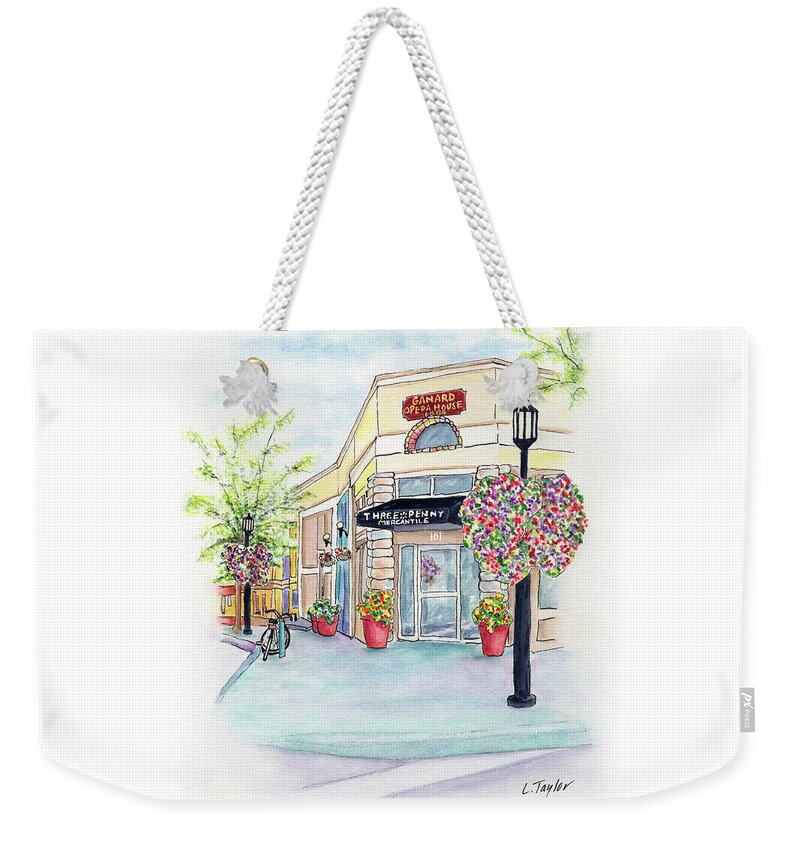 Small Town Weekender Tote Bag featuring the mixed media On the Corner by Lori Taylor