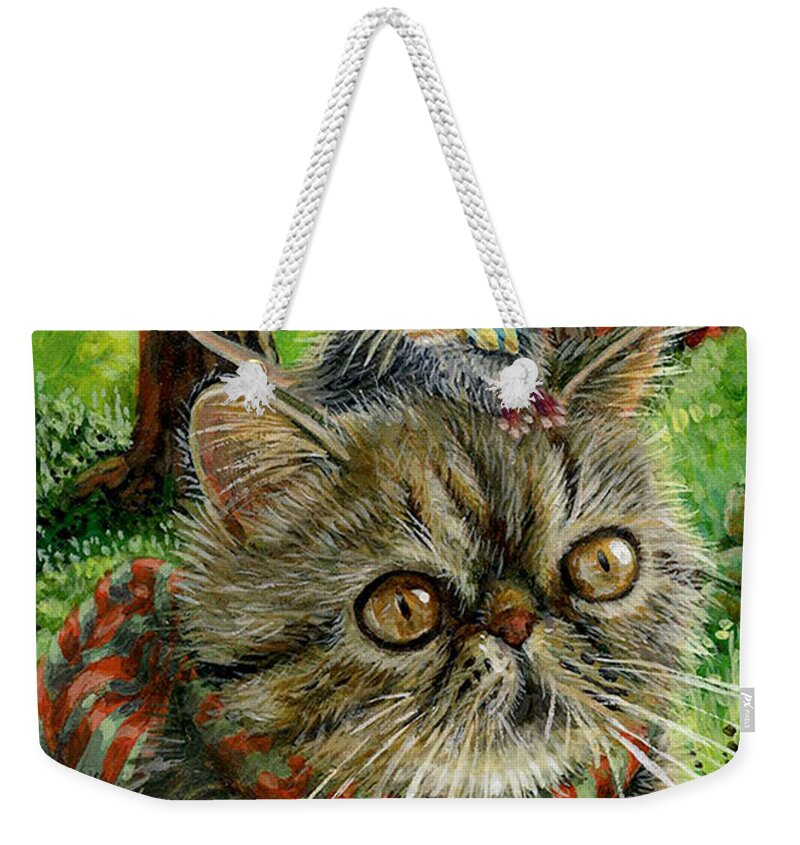 Cat Weekender Tote Bag featuring the painting On The Hunt For Fun Stuff by Jacquelin L Vanderwood Westerman