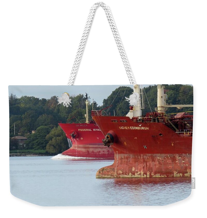 Freighters Weekender Tote Bag featuring the photograph On the River by Dennis McCarthy