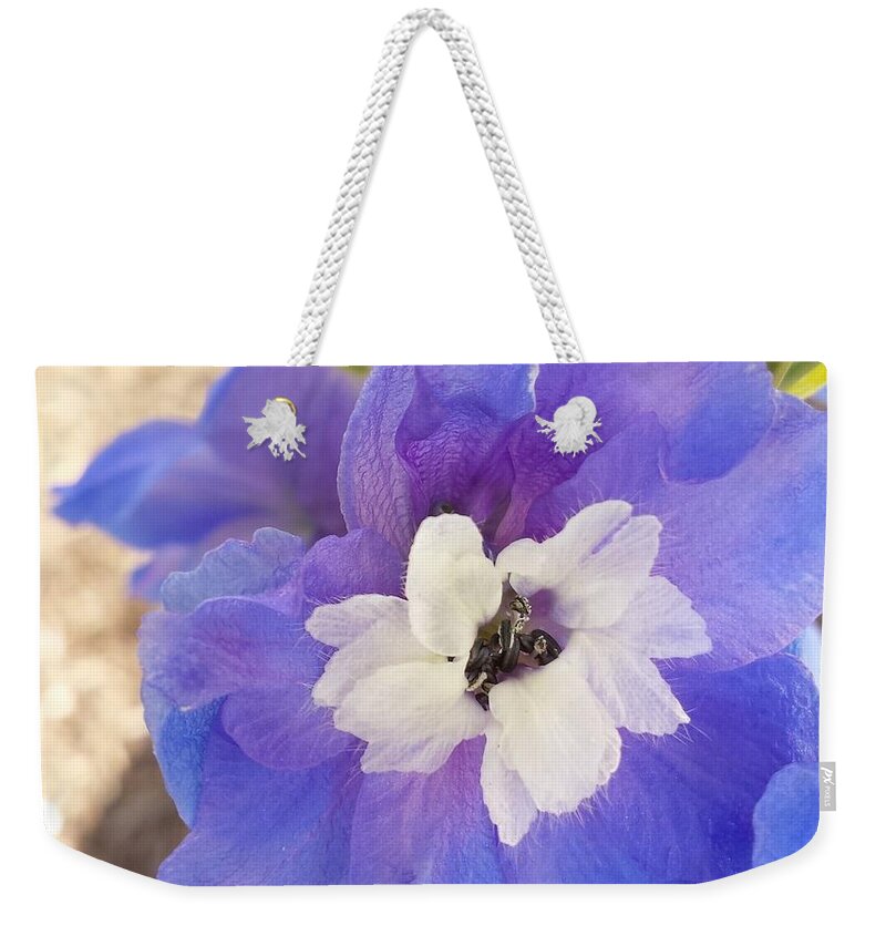 Delphinium Weekender Tote Bag featuring the photograph One Last Bloom by Judith Rhue