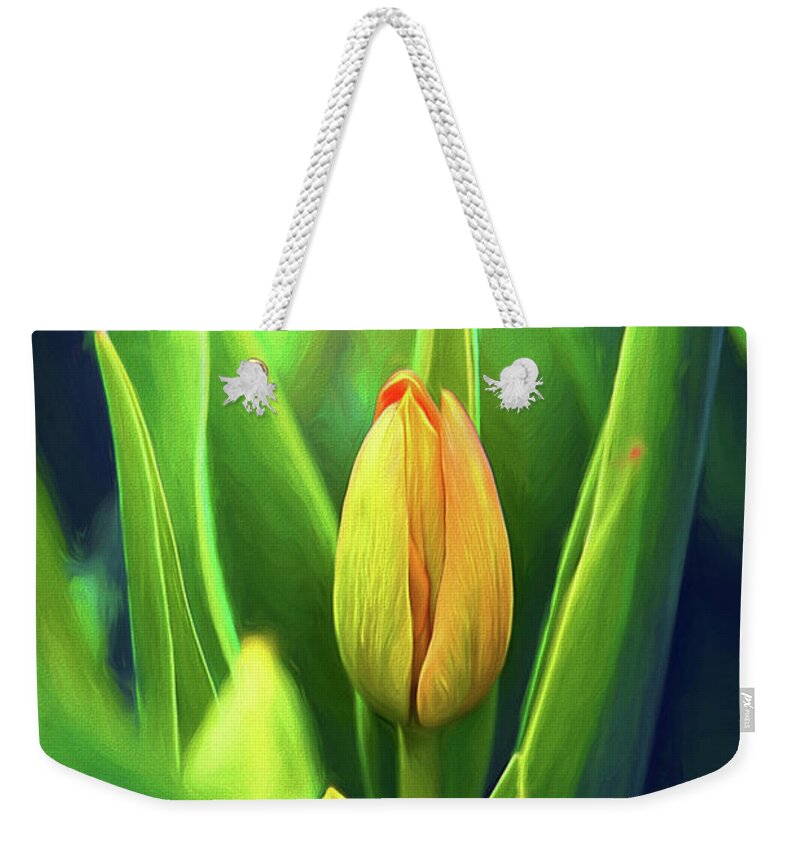 Single Tulip Weekender Tote Bag featuring the mixed media One Yellow Tulip by Sharon McConnell