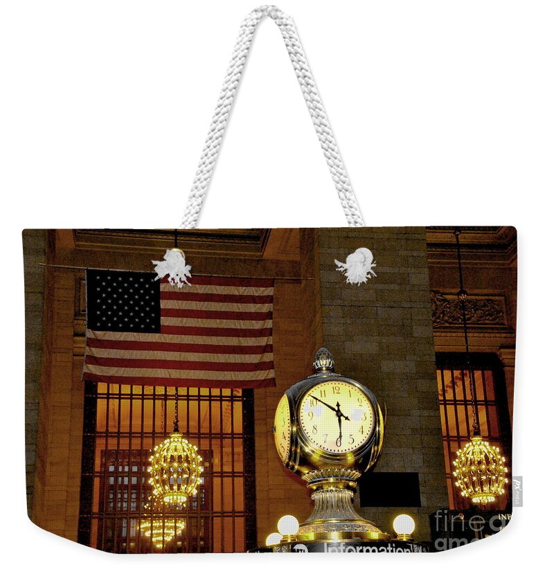 New York Weekender Tote Bag featuring the photograph Opal Atomic Clock at Grand Central by Jacqueline M Lewis