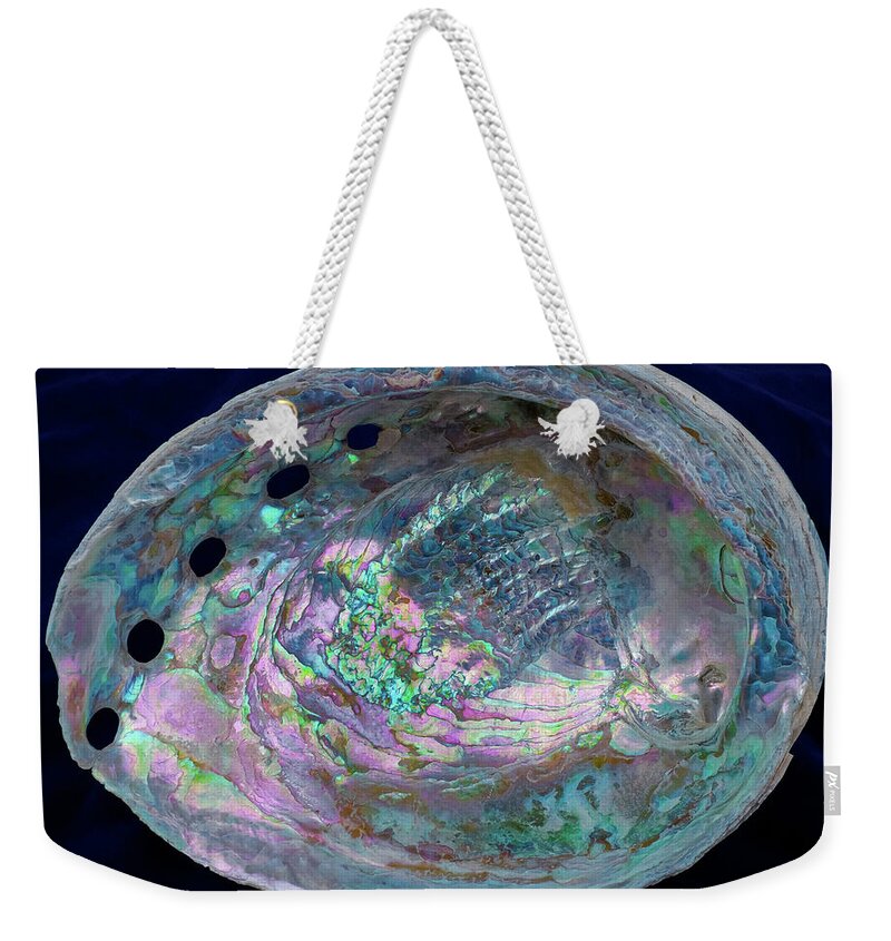 Abalone Weekender Tote Bag featuring the photograph Opalescent Abalone Seashell on Blue Velvet by Kathy Anselmo