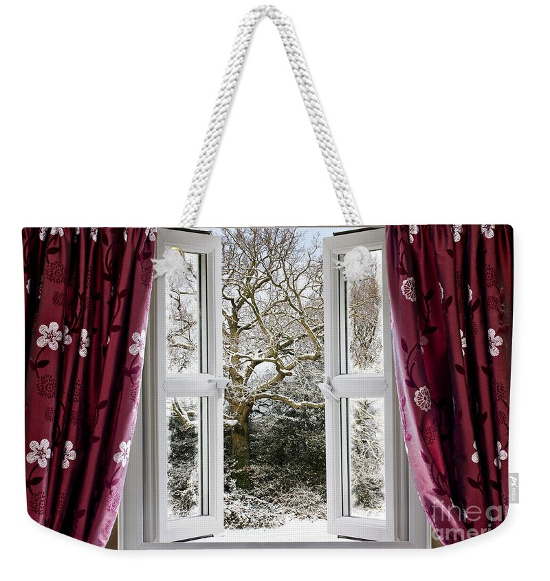 Window Weekender Tote Bag featuring the photograph Open window with winter scene by Simon Bratt