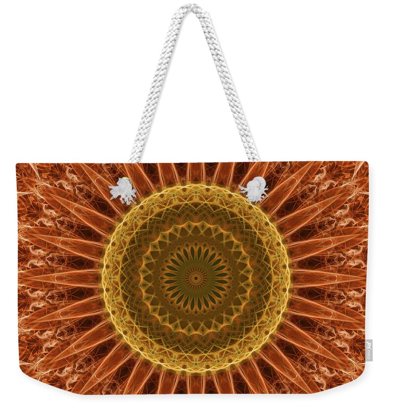Mandala Weekender Tote Bag featuring the digital art Orange and golden mandala by Jaroslaw Blaminsky
