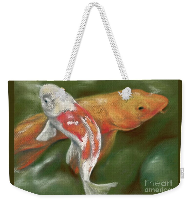Animal Weekender Tote Bag featuring the painting Orange and White Koi with Mossy Stones by MM Anderson