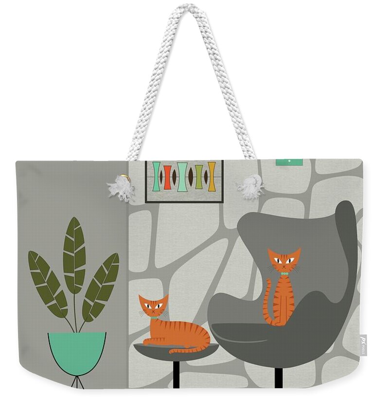 Mid Century Modern Weekender Tote Bag featuring the digital art Orange Cat in Gray Stone Wall by Donna Mibus