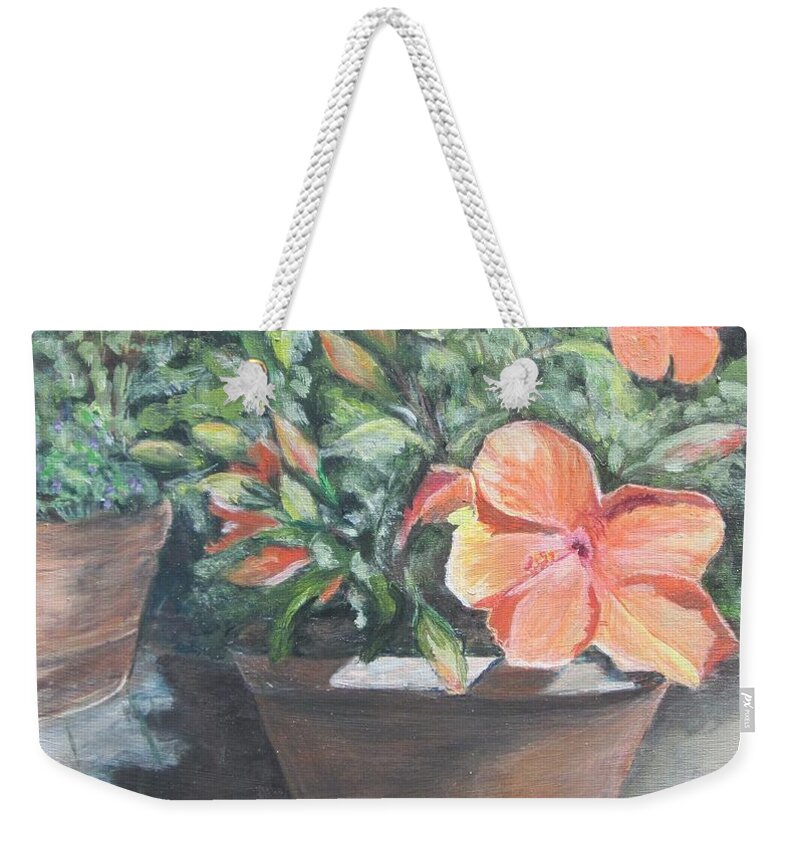 Hibiscus Weekender Tote Bag featuring the painting Orange Hibiscus by Paula Pagliughi
