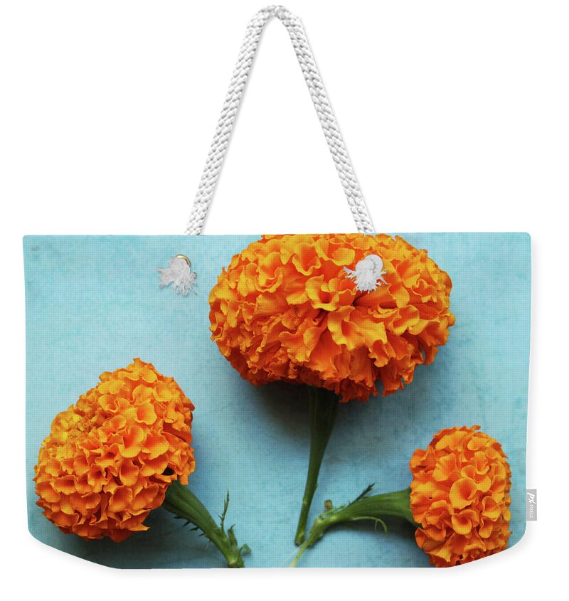 Marigold Weekender Tote Bag featuring the photograph Orange Marigolds- by Linda Woods by Linda Woods
