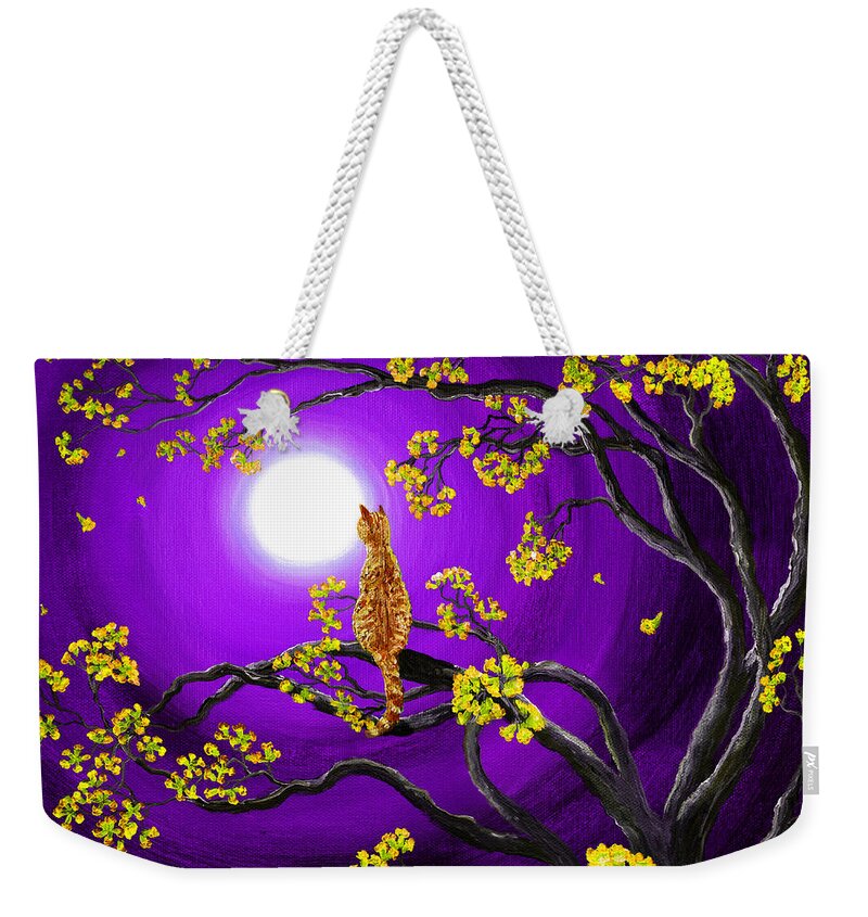Landscape Weekender Tote Bag featuring the digital art Orange Tabby Cat in Golden Flowers by Laura Iverson
