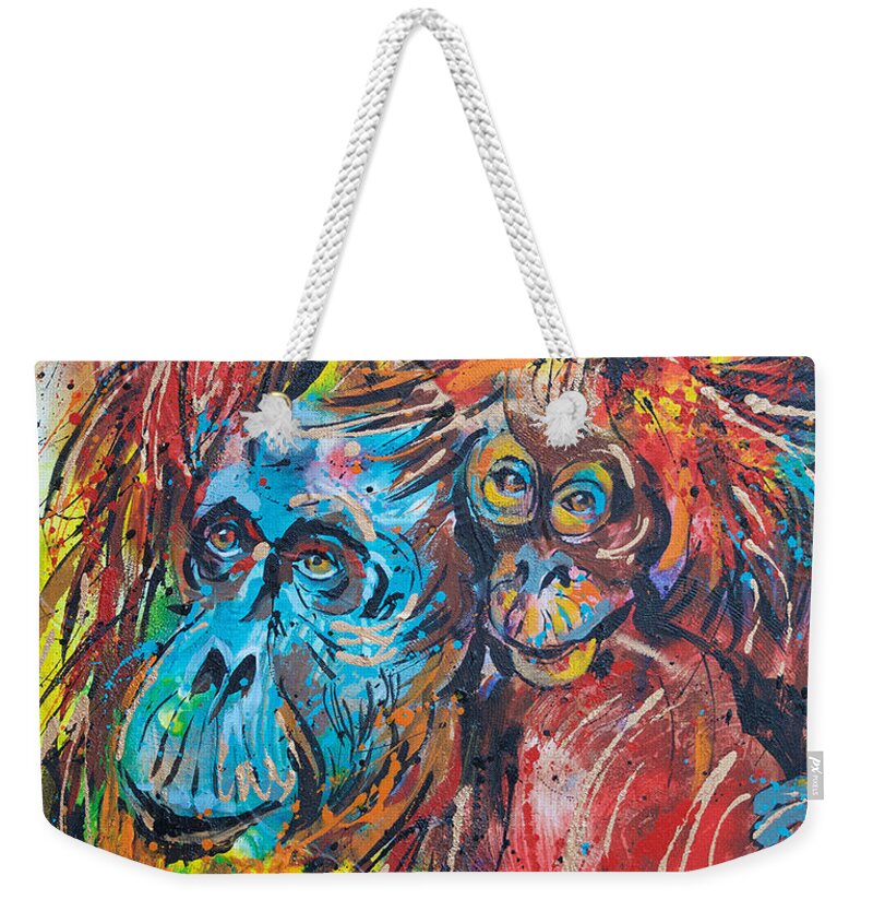 Orangutan Mother And Baby Weekender Tote Bag featuring the painting Orangutan Joyful Ride by Jyotika Shroff