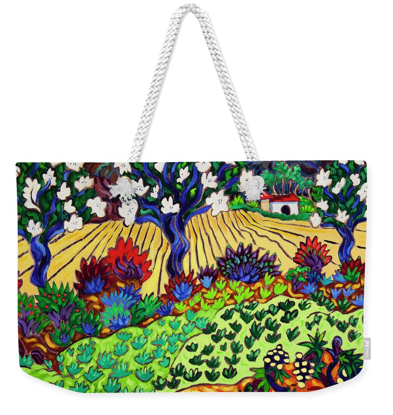 Orchard Weekender Tote Bag featuring the painting Orchard Dance Fruit and Flowers by Cathy Carey