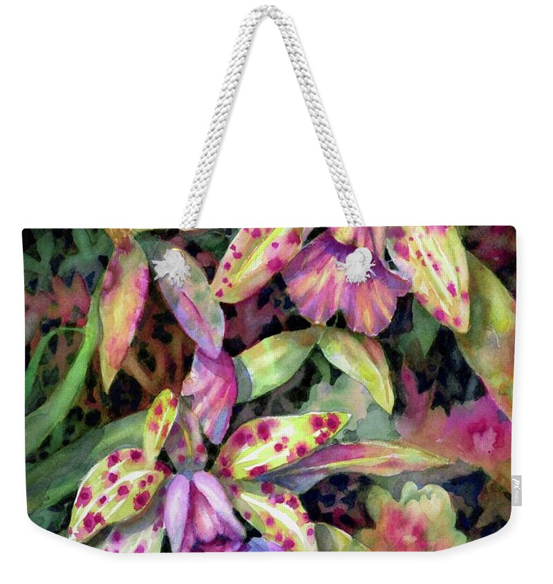 Watercolor Weekender Tote Bag featuring the painting Orchid Garden I by Ann Nicholson