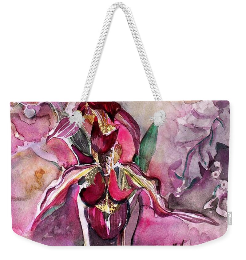 Slipper Foot Orchid Weekender Tote Bag featuring the painting Orchid Slipper Foot by Mindy Newman