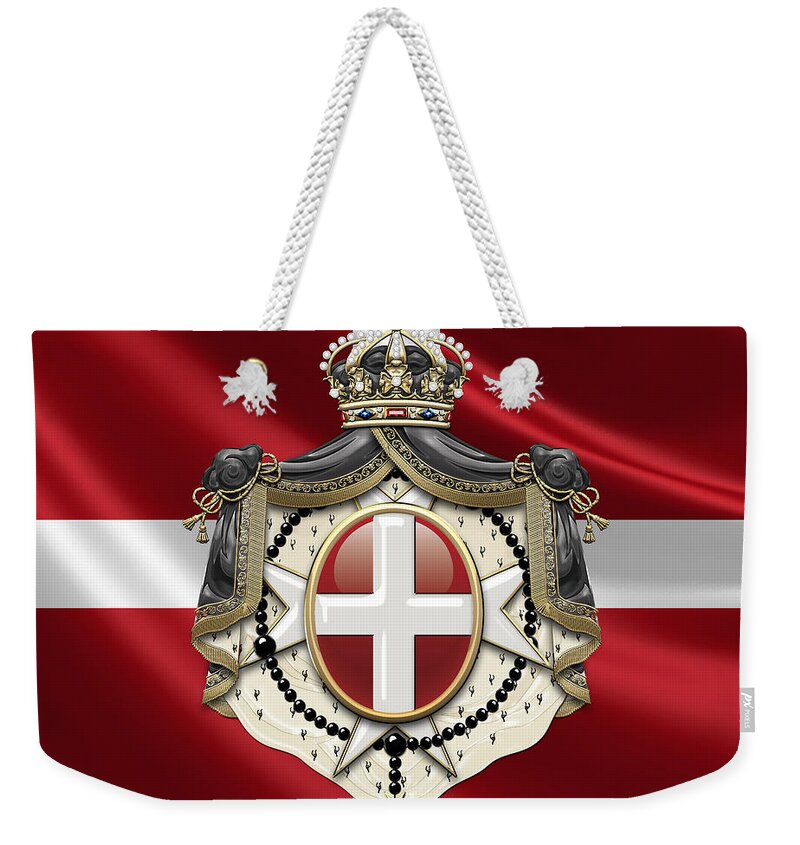 �ancient Brotherhoods� Collection By Serge Averbukh Weekender Tote Bag featuring the photograph Order of Malta Coat of Arms over Flag by Serge Averbukh