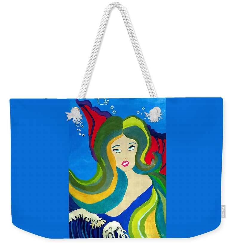 Oriental Mermaid Weekender Tote Bag featuring the painting Japanese Mermaid Bubbles by Pamela Smale Williams