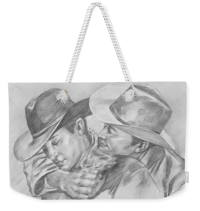 Original Art Weekender Tote Bag featuring the drawing Original Charcoal Drawing Art Portrait Of Cowboys On Paper #16-3-18-01 by Hongtao Huang