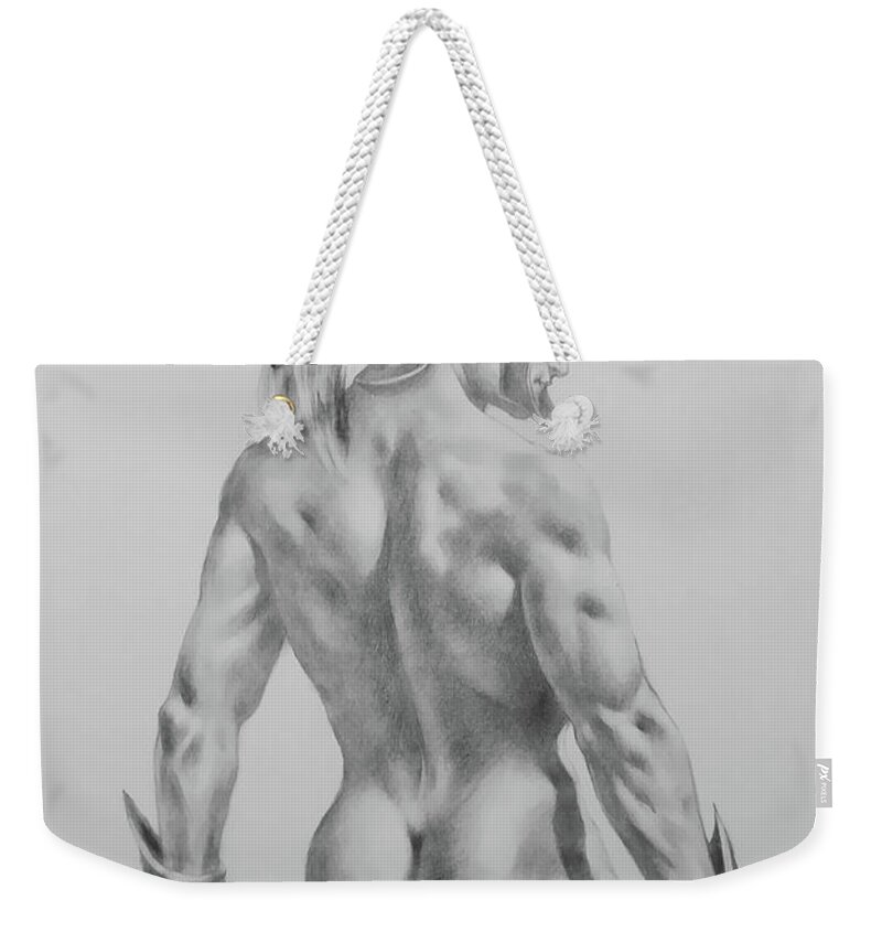 Original Art Weekender Tote Bag featuring the drawing Original Drawing Sketch Charcoal Chalk Male Nude Gay Interst Man Art Pencil On Paper -0040 by Hongtao Huang