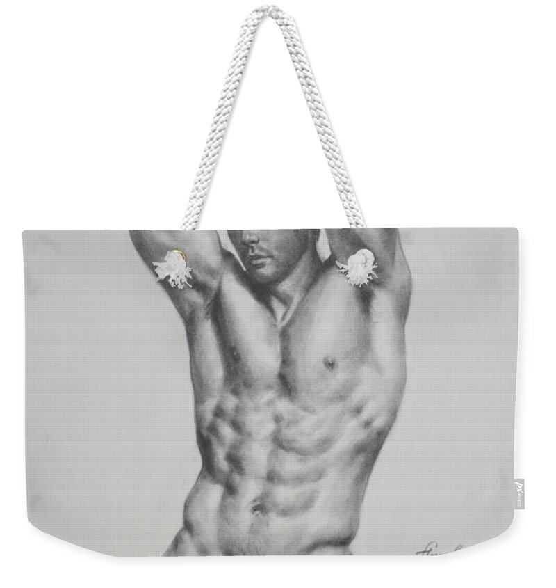 Original Art Weekender Tote Bag featuring the drawing Original Drawing Sketch Charcoal Male Nude Gay Interest Man Body Art Pencil On Paper -0056 by Hongtao Huang