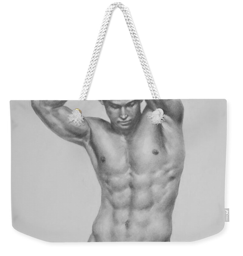 Original Art Weekender Tote Bag featuring the drawing Original Drawing Sketch Charcoal Male Nude Gay Man Body Art Pencil On Paper-0056 by Hongtao Huang