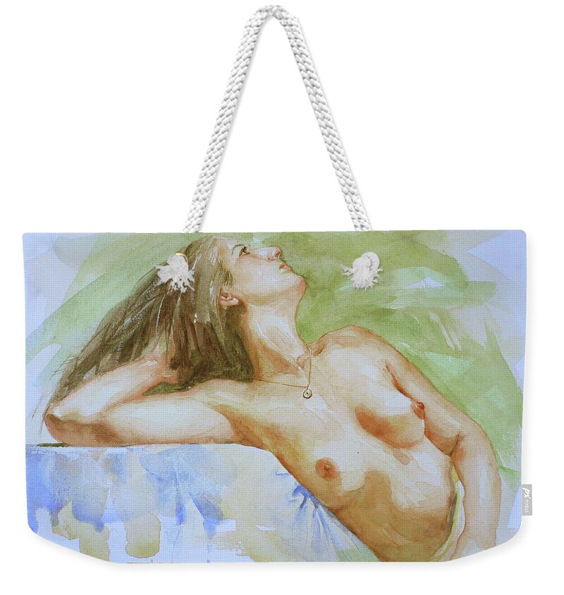 Original Art Weekender Tote Bag featuring the painting Original Female Nude Sexy Nude On Paper #16-5-3 by Hongtao Huang