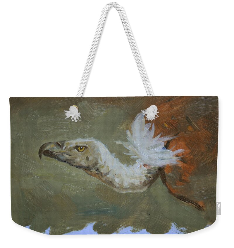 Originalart Weekender Tote Bag featuring the painting Original Oil Painting Animal Art Vulture On Board#16-01-05-4 by Hongtao Huang