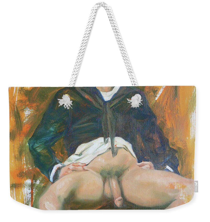 Original Art Weekender Tote Bag featuring the painting Original Oil Painting Nude Art Sailor Naked On Linen#16-7-23 by Hongtao Huang