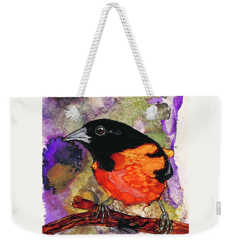 Northern Oriole Weekender Tote Bag featuring the painting Oriole Love by Jan Killian