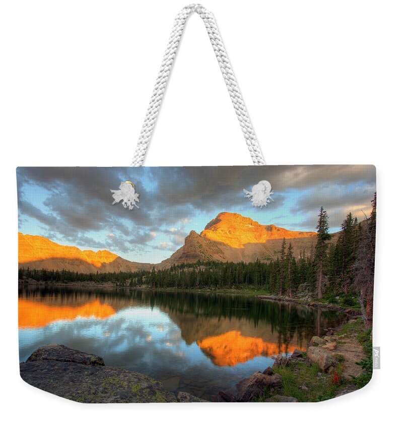 Landscape Weekender Tote Bag featuring the photograph Ostler Lake and Peak by Brett Pelletier