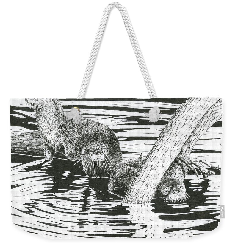 Otter Weekender Tote Bag featuring the drawing Otters Three by Timothy Livingston