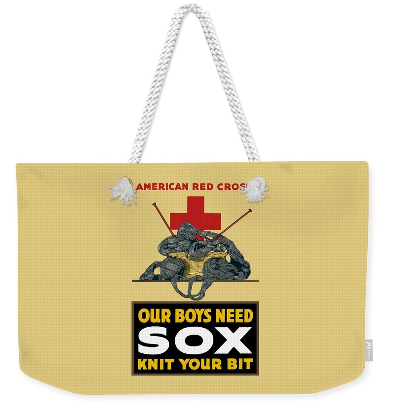 Red Cross Weekender Tote Bag featuring the painting Our Boys Need Sox - Knit Your Bit by War Is Hell Store