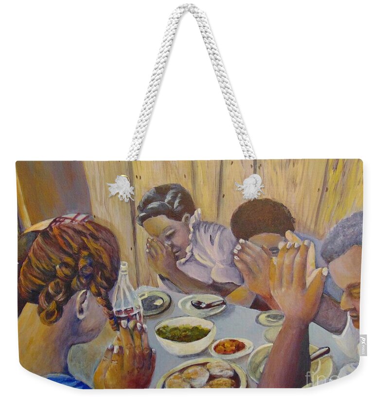 Prayer Weekender Tote Bag featuring the painting Our Daily Bread by Saundra Johnson