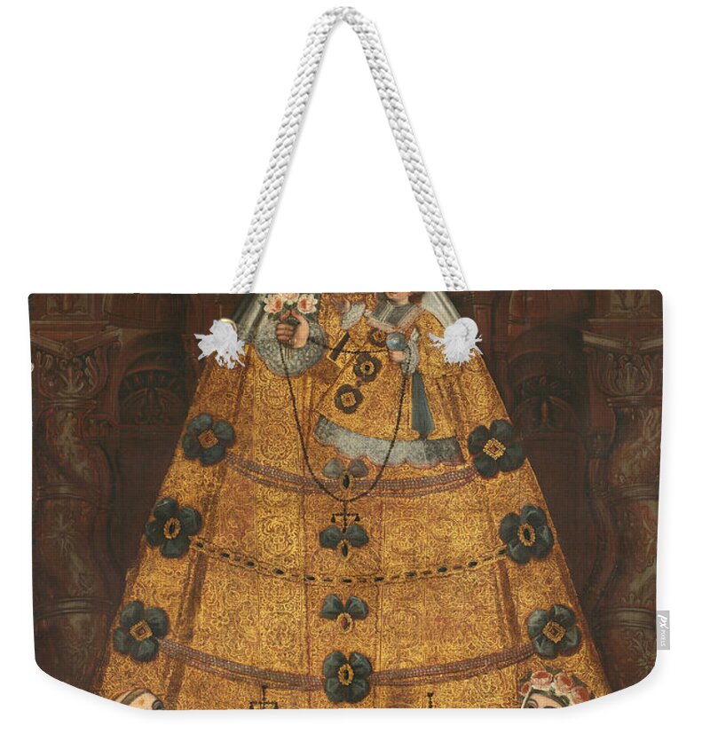 Cuzco School Weekender Tote Bag featuring the painting Our Lady of the Rosary with Saint Dominic and Saint Rose by Cuzco School
