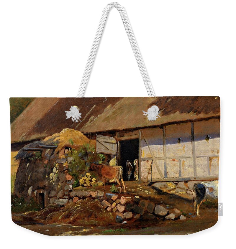 19th Century Art Weekender Tote Bag featuring the painting Outside the Cowshed by Johan Thomas Lundbye