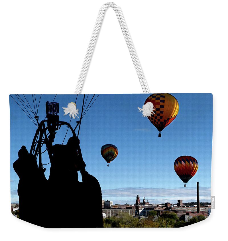 Bates Mill Weekender Tote Bag featuring the photograph Over Auburn and Lewiston Hot Air Balloons by Bob Orsillo