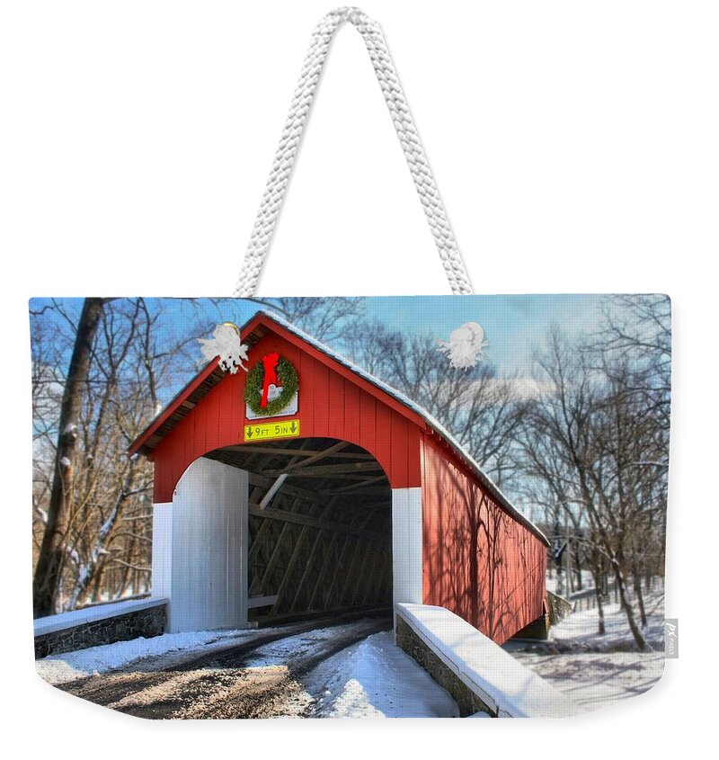 Covered Bridge Weekender Tote Bag featuring the photograph Over the River and Through the Woods by DJ Florek